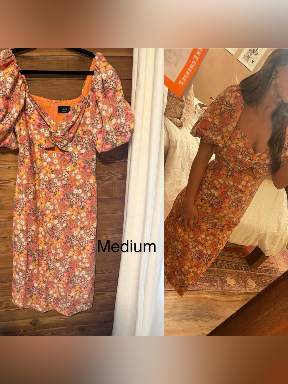 VICI Orange Floral Puff-Sleeve Midi Dress with Pink & White Flowers